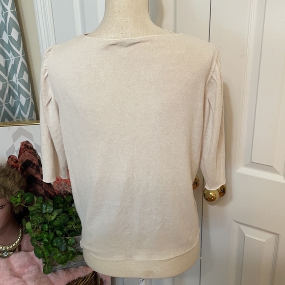 Zara Cream Lightweight Knit Top/ Pleated Puffy Sleeved/ Stretch/ Medium - Picture 7 of 9